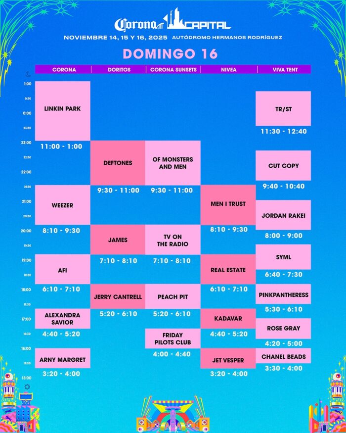 Corona Capital 2025 Horarios del domingo 16 de noviembre. Foto: FB Festival Corona Capital.