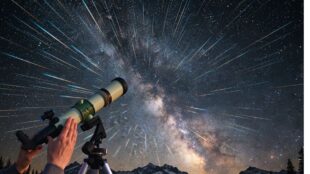 Lluvia de estrellas o lluvia de meteoritos Gemínidas. Imagen Gemini IA, Canva.