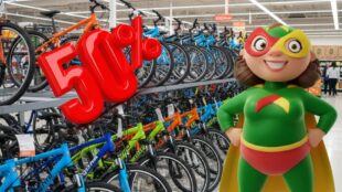 Bodega Aurrera bicicletas 50%. Imagen Gemini IA, Canva, Aurrera