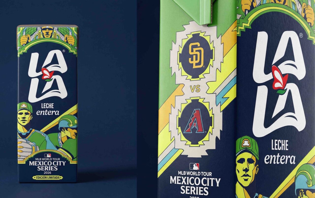 Empaque coleccionable de Lala edición MLB Mexico City Series 2026 en el Estadio Alfredo Harp Helú. Foto: Cortesía Lala.