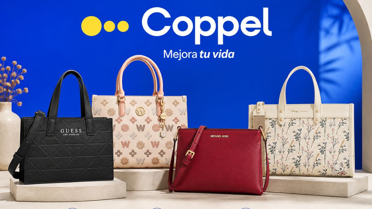 Coppel bolsos 50%. Imagen marcas, IA, Canva
