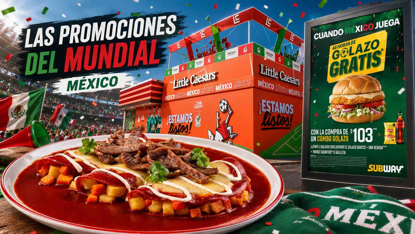 Subway, Little Caesars y Vips juegan el Mundial desde la mesa de los mexicanos. Foto: Cortesía de las marcas / IA.