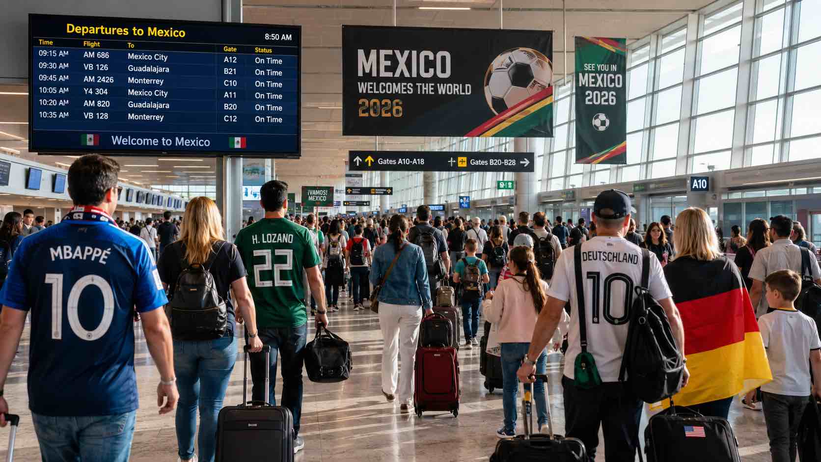 Viajeros en un aeropuerto durante el Mundial 2026, en un contexto de aumento en los precios de vuelos, hoteles y paquetes turísticos. Foto: IA.