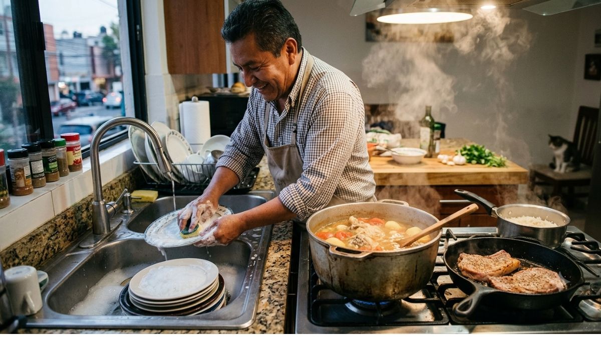 Lavar platos al mismo tiempo que cocinar. Imagen especial