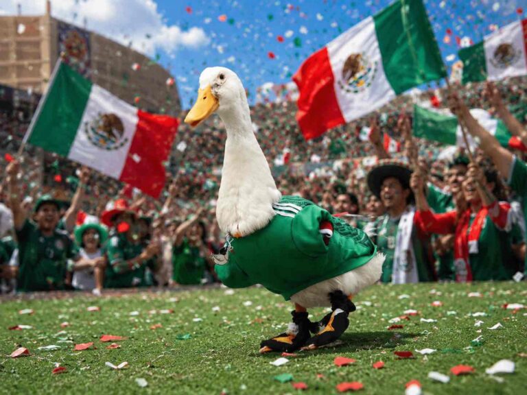 Merlín, el pato viral, mascota no oficial de la copa del mundo 2026. Foto: IA.