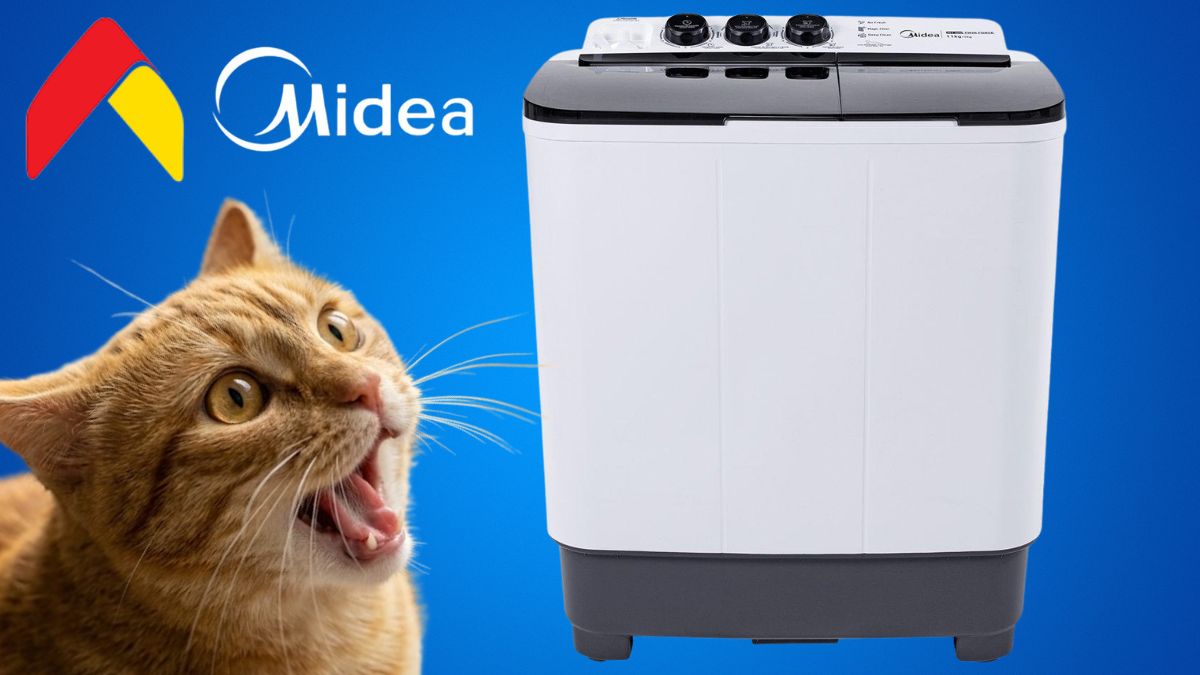 Aurrera remata lavadora Midea. Imagen marcas, IA, Canva