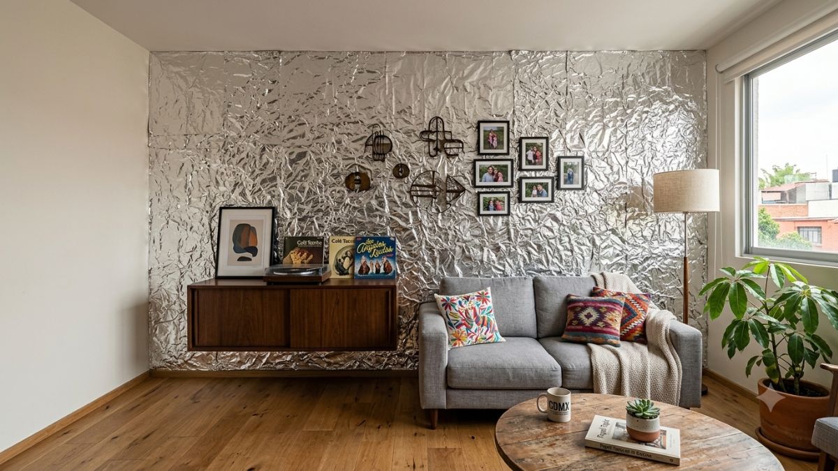 Papel aluminio en la pared. Imagen especial