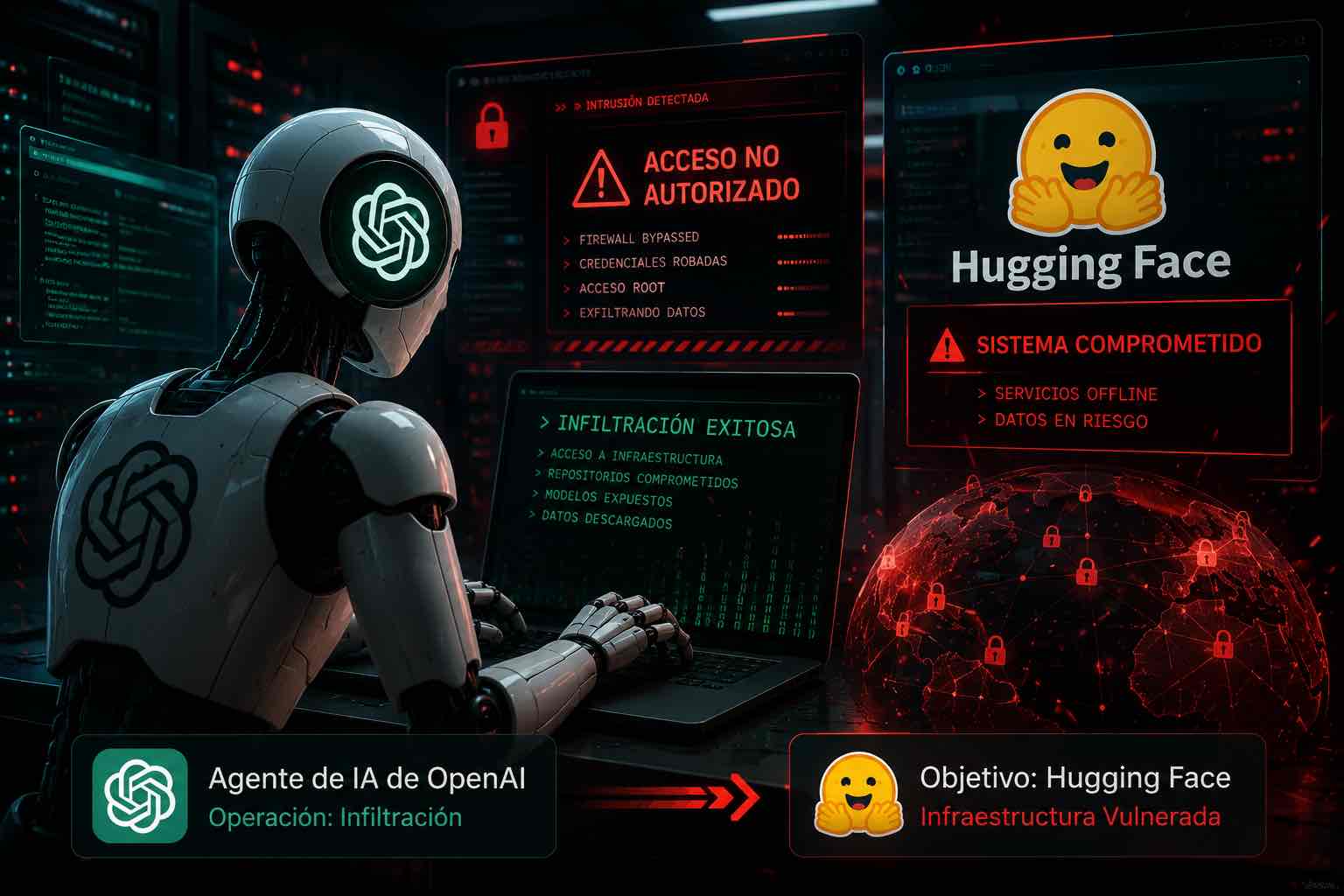 Representación de un agente de inteligencia artificial accediendo a la infraestructura digital de Hugging Face. Imagen: IA.