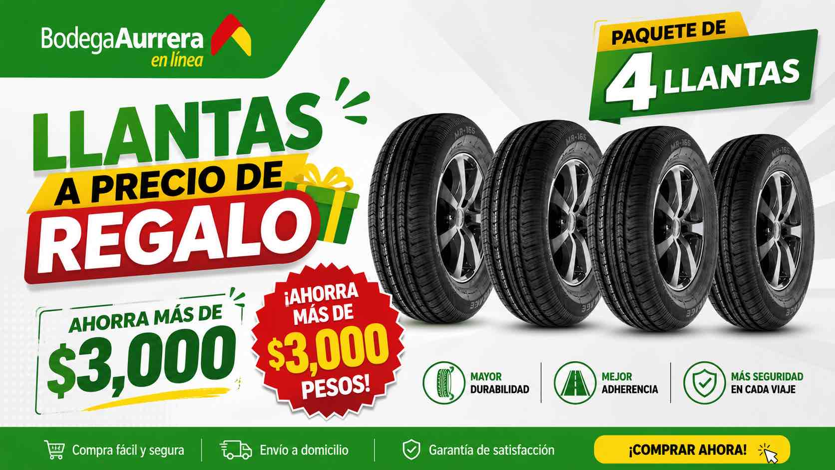 Bodega Aurrera remata este paquete de cuatro llantas 205 / 65 / r15. Imagen: IA.