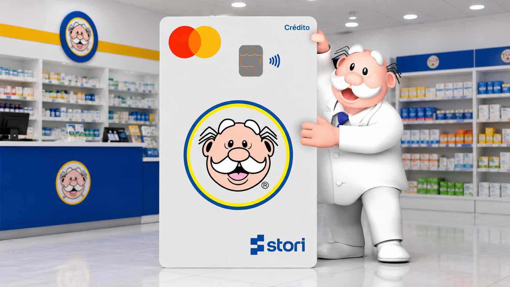 Nueva tarjeta de crédito del Dr. Simi lanzada por Farmacias Similares y Stori con beneficios de cashback. Foto: Cortesía Stori / Farmacias Similares / IA.
