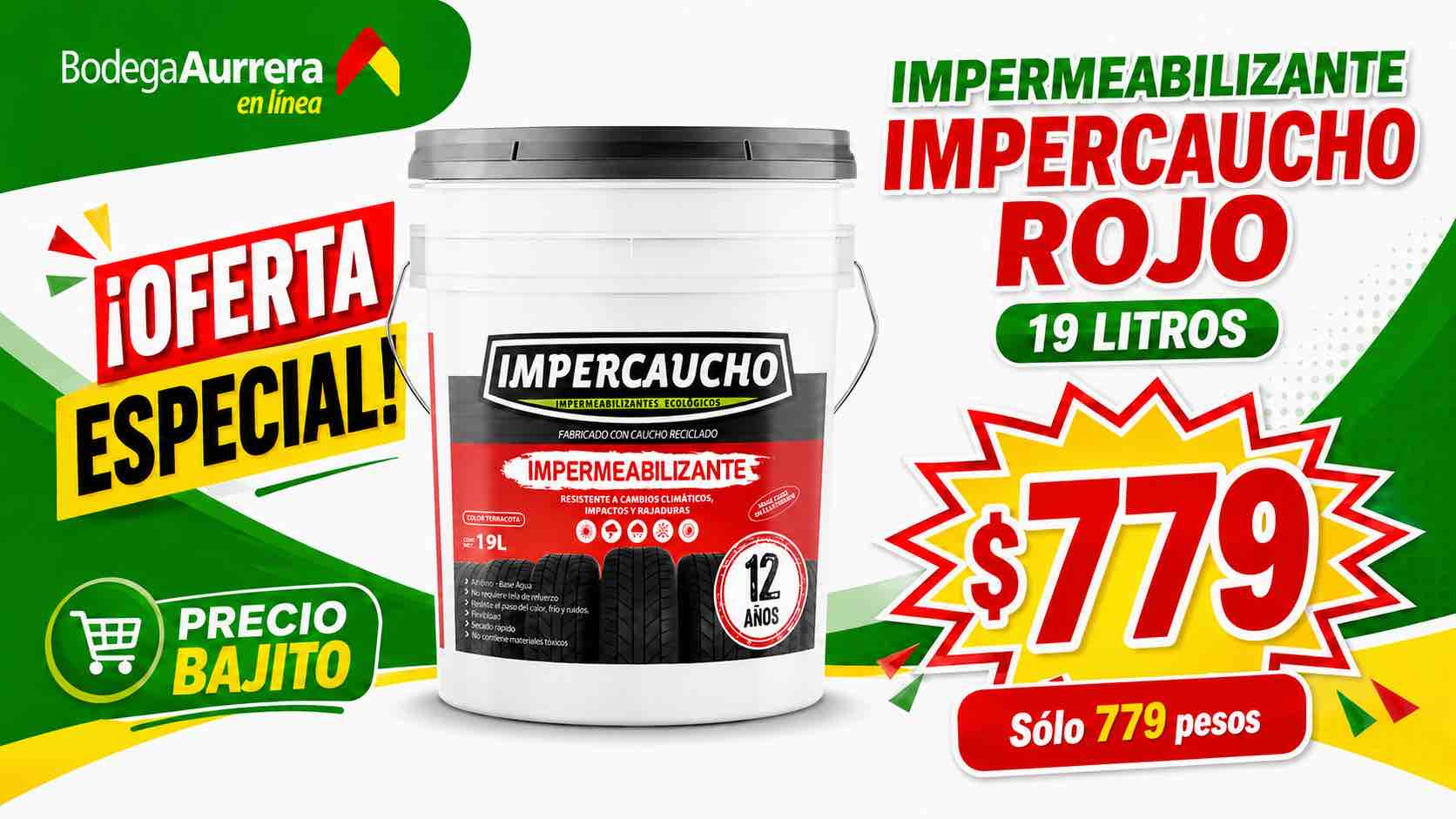 Cubeta de impermeabilizante Impercaucho rojo de 19 litros con protección de 12 años. Foto: IA.