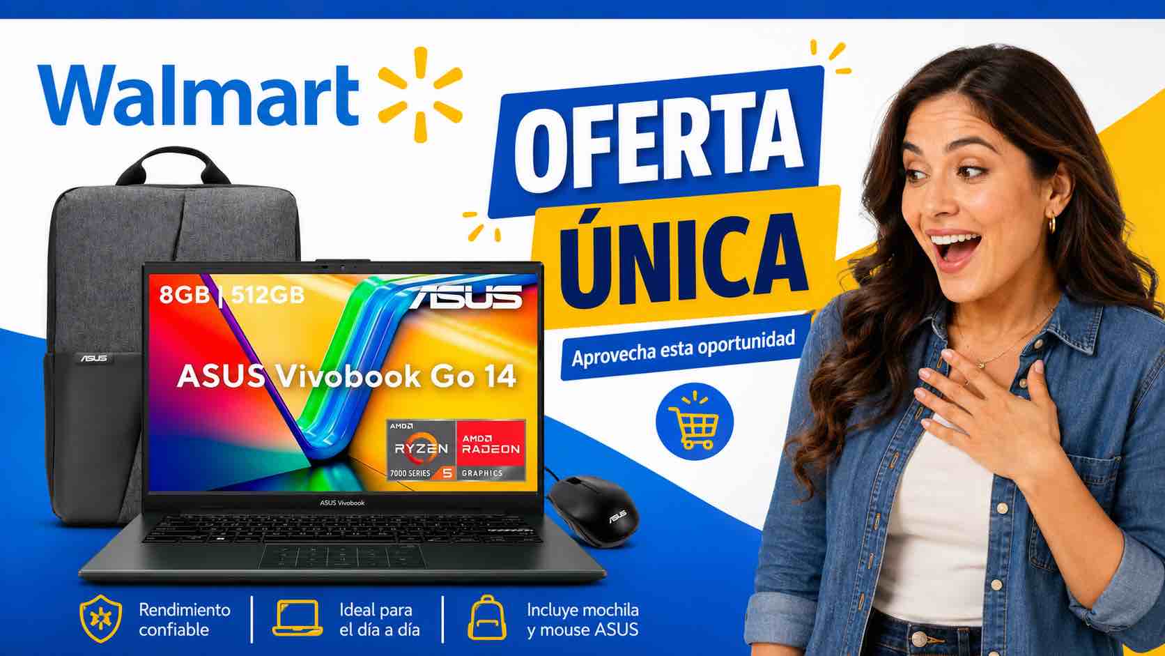 Walmart remata laptop Asus con Ryzen 5, SSD y mochila para este regreso a clases. Foto: IA.
